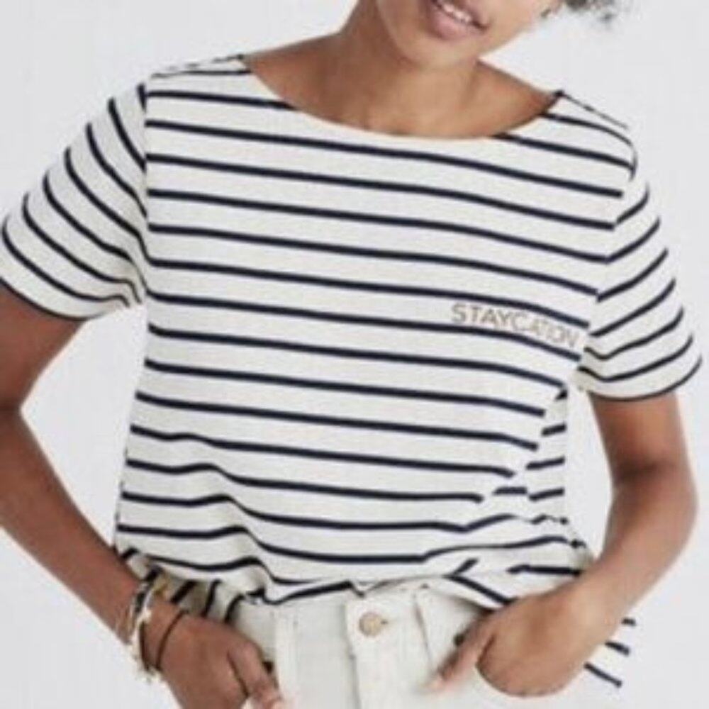 Madewell Setlist Staycation Boxy Navy/Cream Striped Short Sleeve Tee Size Medium